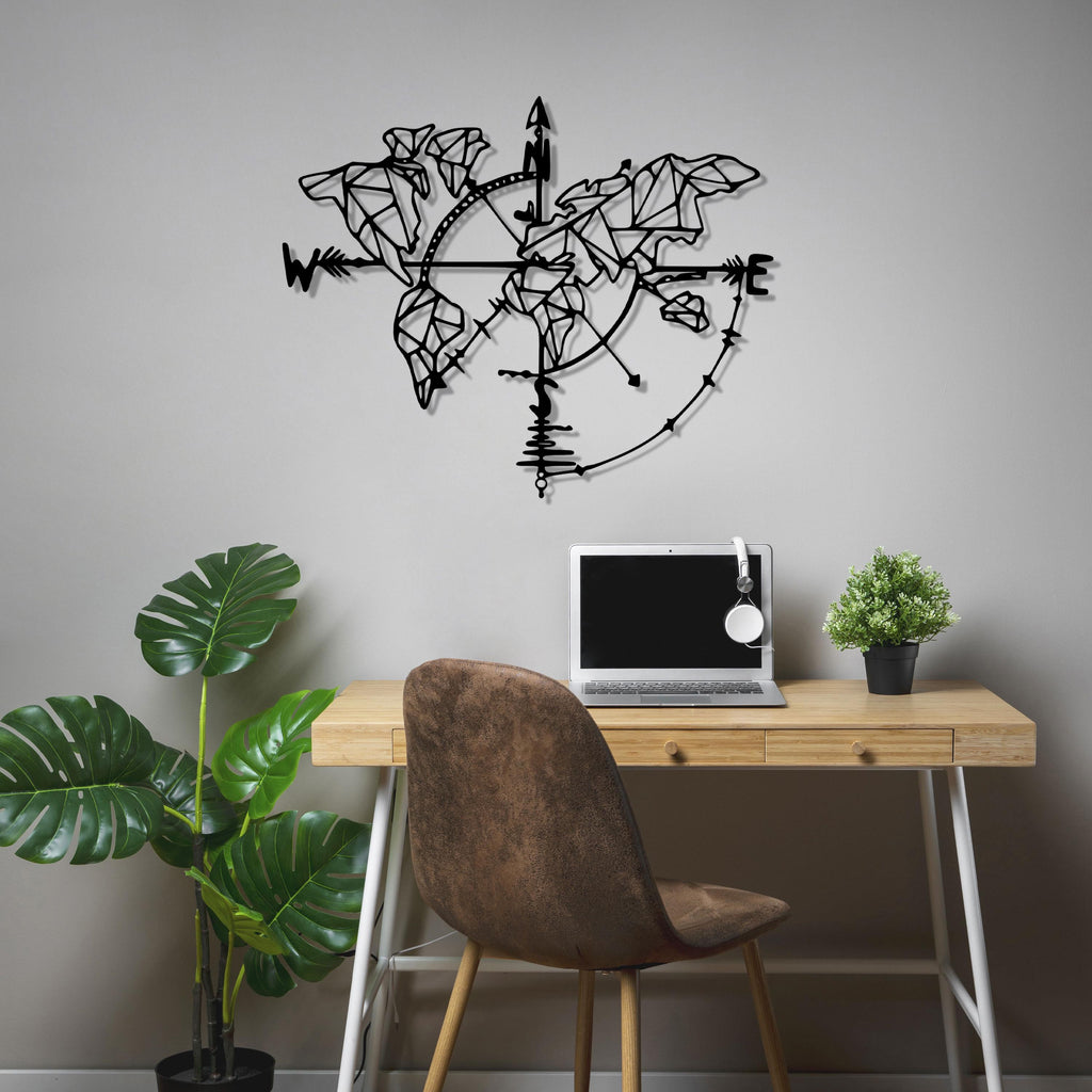 Metal Compass World Map Wall Art -  Office Metal Decor - UInique Birthday Gift