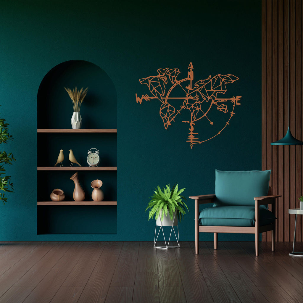 Metal Compass World Map Wall Art -  Office Metal Decor - UInique Birthday Gift