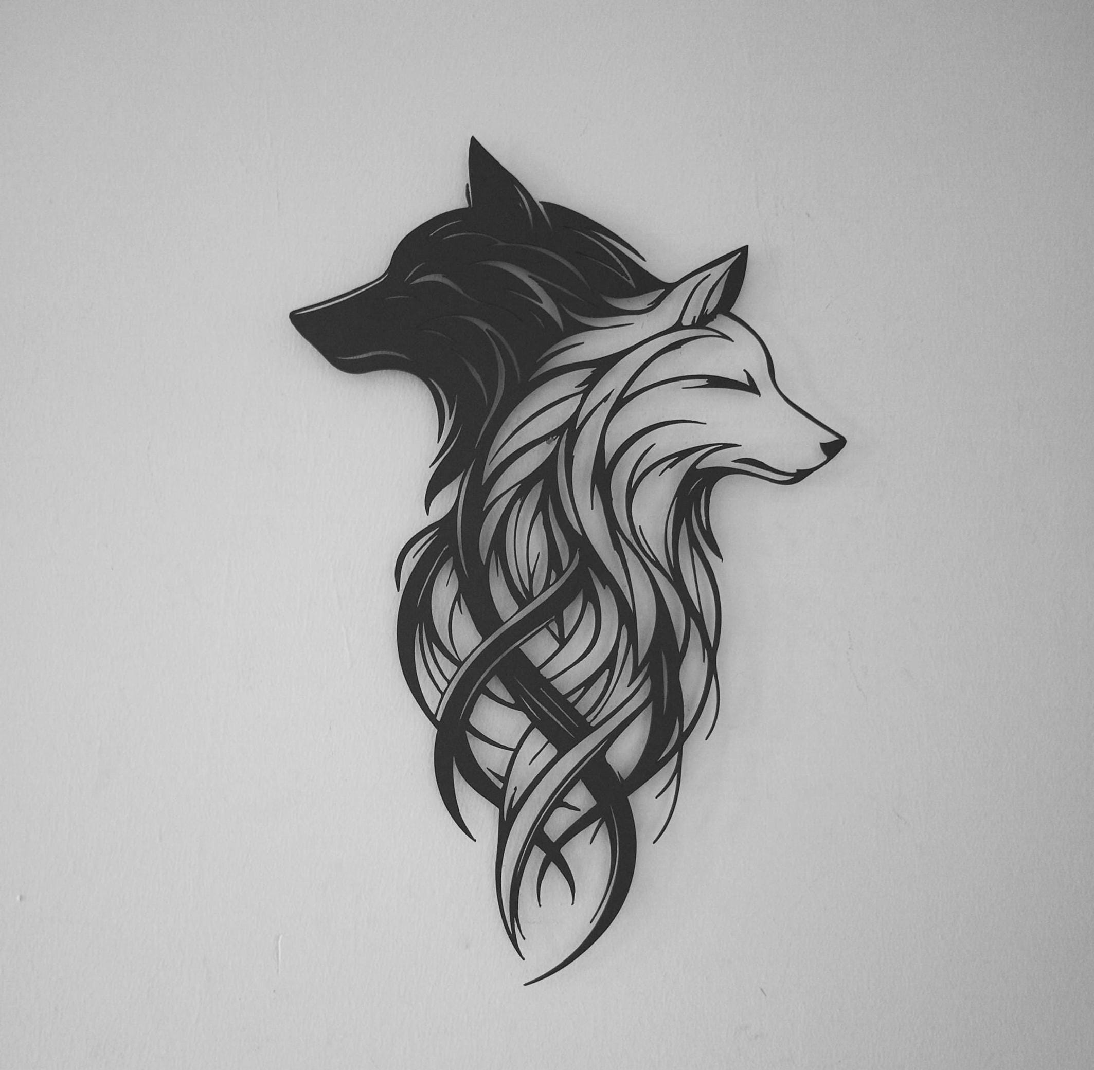 Two Wolves Metal Wall Art - Black & White Dual Wolf Head Decor - Unique Birthday Gift