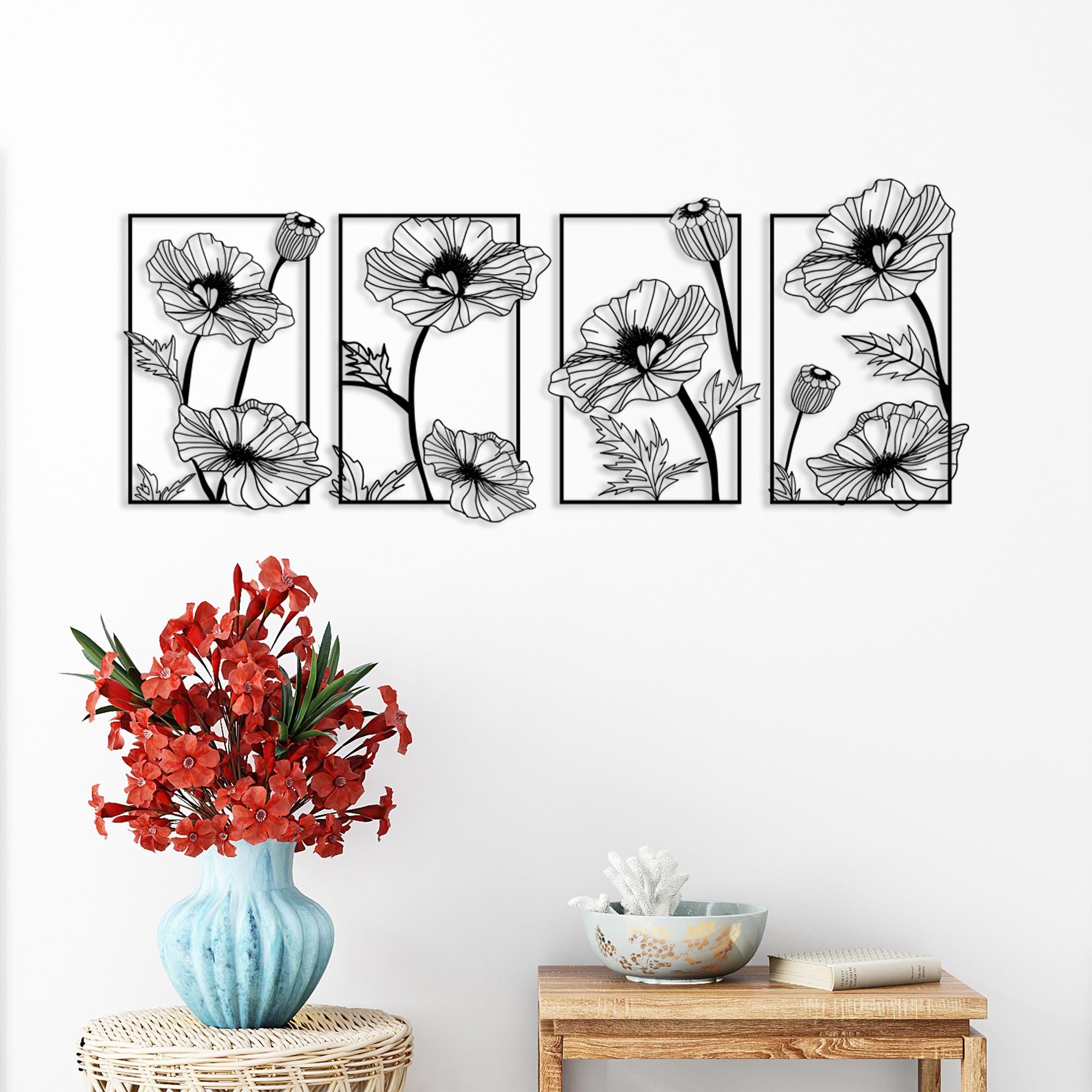 Poppy Flower Metal Wall Art Set, Metal Poppy Wall Decor, Unique Birthday Gift, Bathroom Metal Wall Art, Anniversary Gift, Christmas Gift
