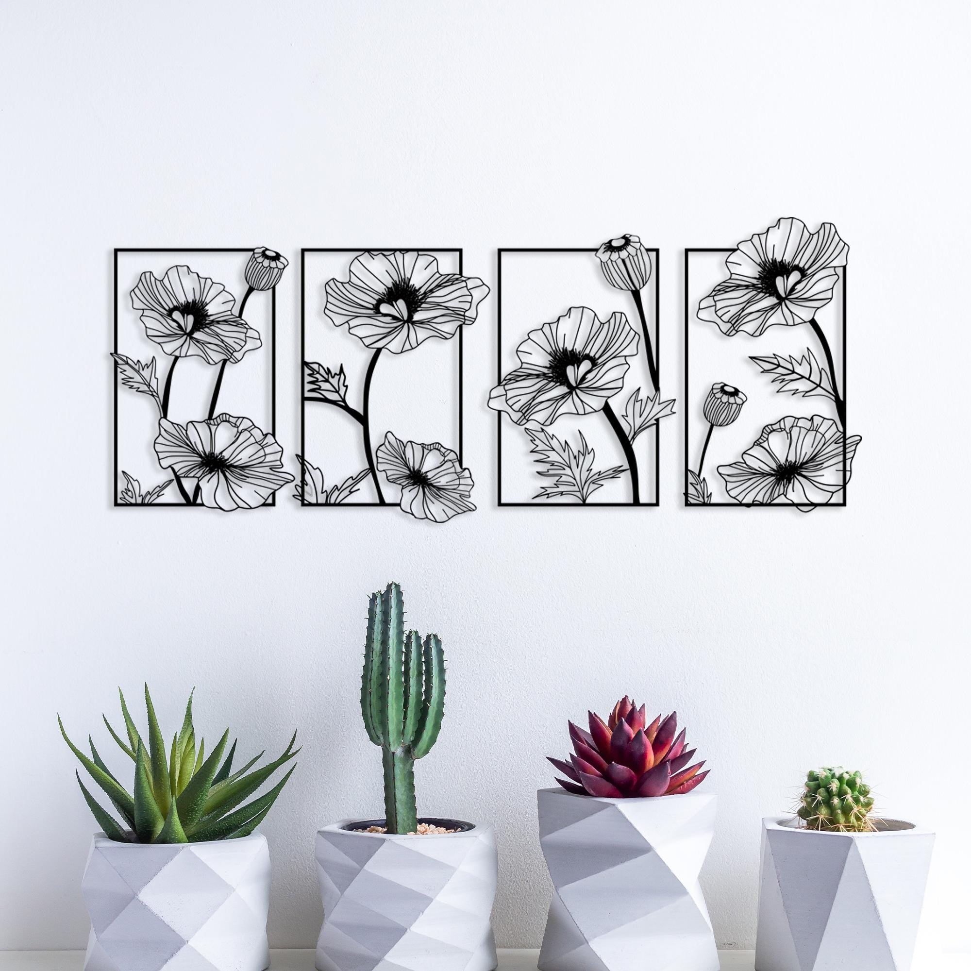 Poppy Flower Metal Wall Art Set, Metal Poppy Wall Decor, Unique Birthday Gift, Bathroom Metal Wall Art, Anniversary Gift, Christmas Gift