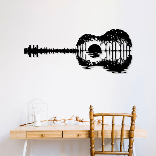 Guitar Lake Metal Wall Art, Sunset Guitar Metal Wall Decor, Lake Guitar Silhouette Metal Art, Unique Gift for Music Lovers, Gift for Her
