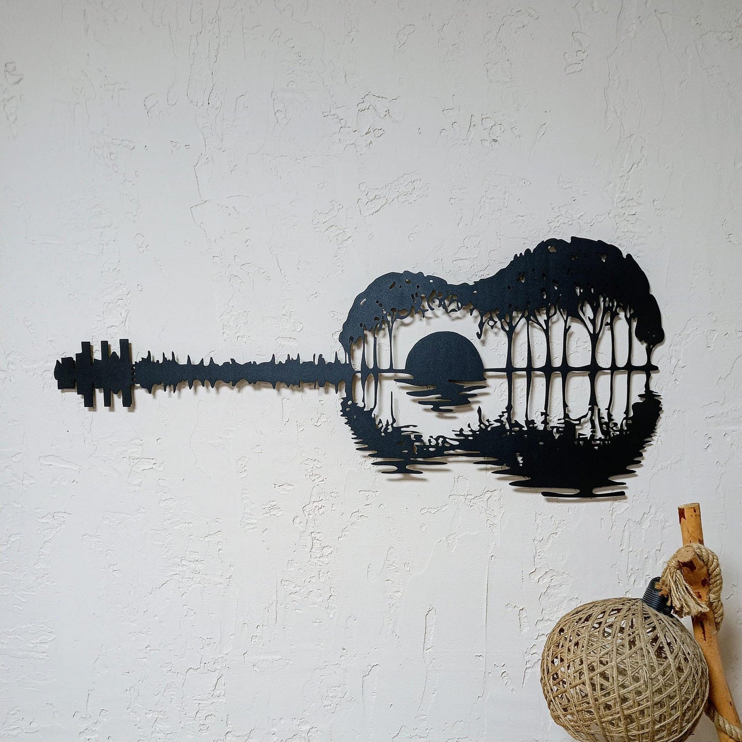 Guitar Lake Metal Wall Art, Sunset Guitar Metal Wall Decor, Lake Guitar Silhouette Metal Art, Unique Gift for Music Lovers, Gift for Her