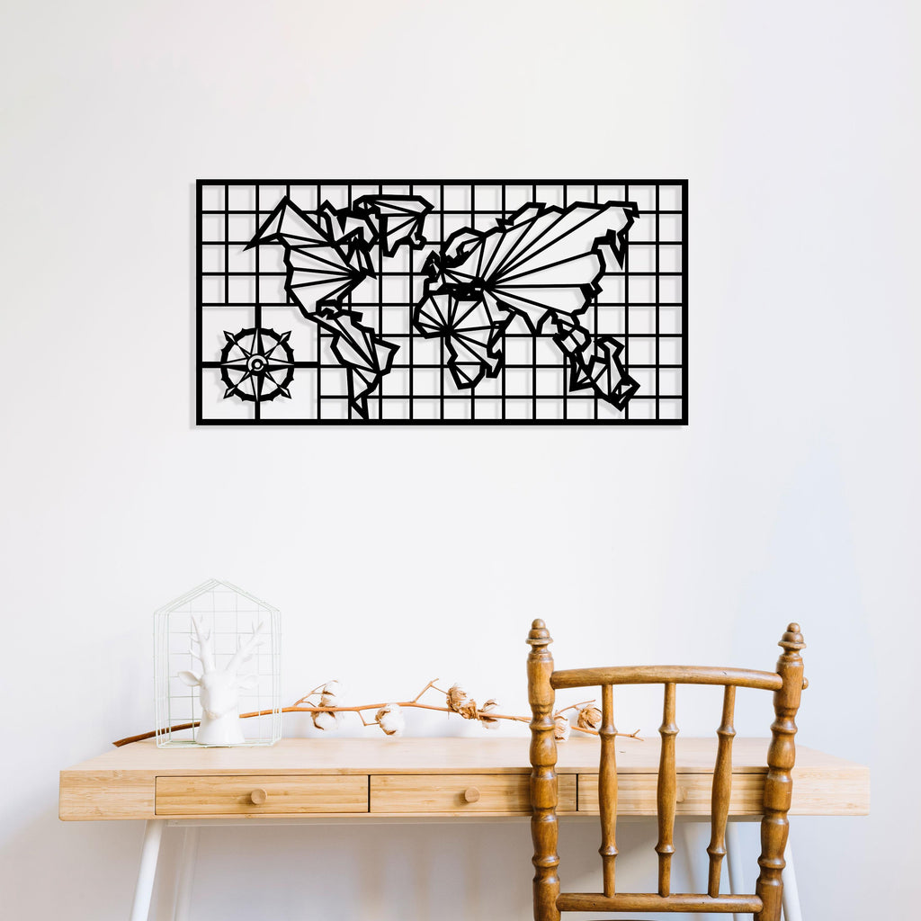 Compass World Map Metal Wall Art, Unique Metal Wall Decor, Birthday Gift, Housewarming Gift, Office Metal Wall Art, Livingroom Wall Art