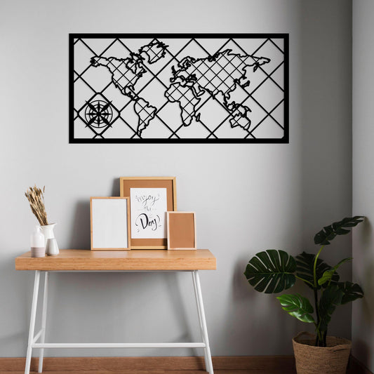 World Map Metal Wall Art, Framed World Map Metal Wall Deco, Aesthetic World Map, Metal World Map with Black Frame for Home and Office Design