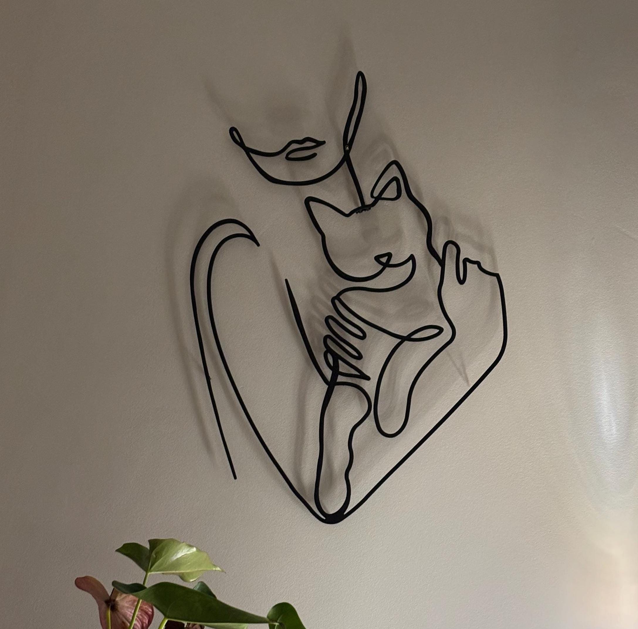 Metal Woman Line Art With Cat, Woman Holding Cat Metal Wall Art, Cat Lovers Wire Wall Art, Cat Lovers Gift, Best Gift, Mother's Day Gift