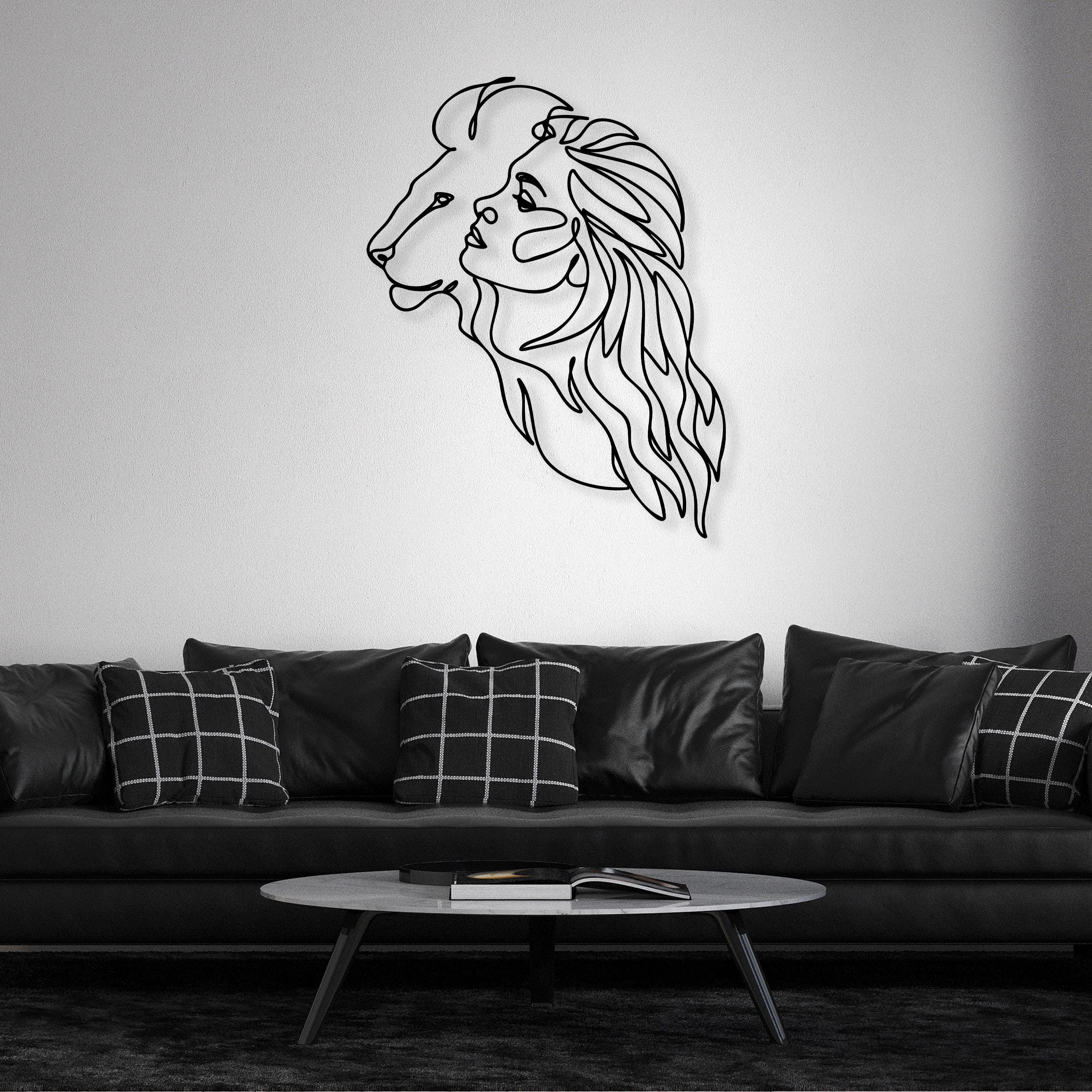 Lion and Woman Face Metal Wall Art, Abstract Metal Line Decor, Minimalist Lion Wall Art, Modern Romantic Home Decor, Unique Birthday Gift,
