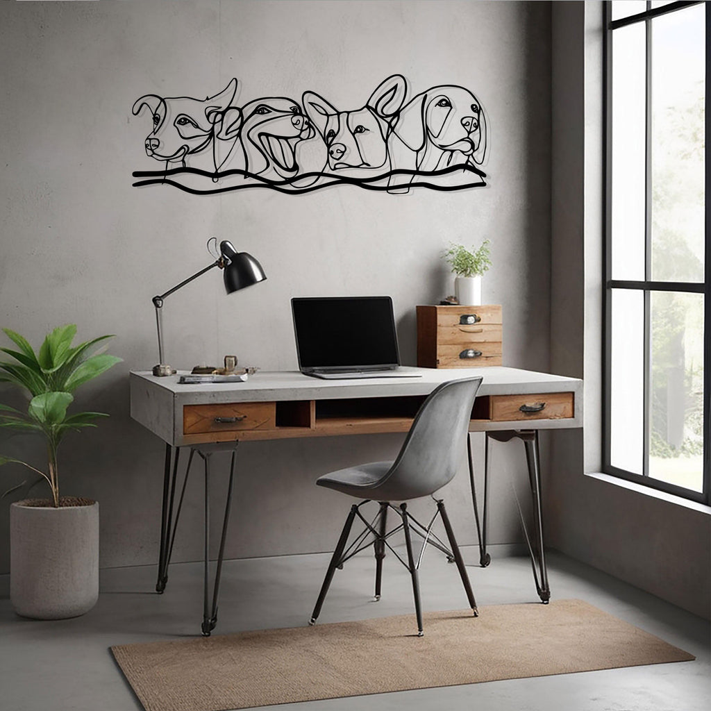 Dog Lovers Metal Line Art, Dogs Metal Wall Decor, Pet Home Wall Art, Housewarming Gift, Gift for Pet Lovers, Iconic Wall Art, Dog Silhouette