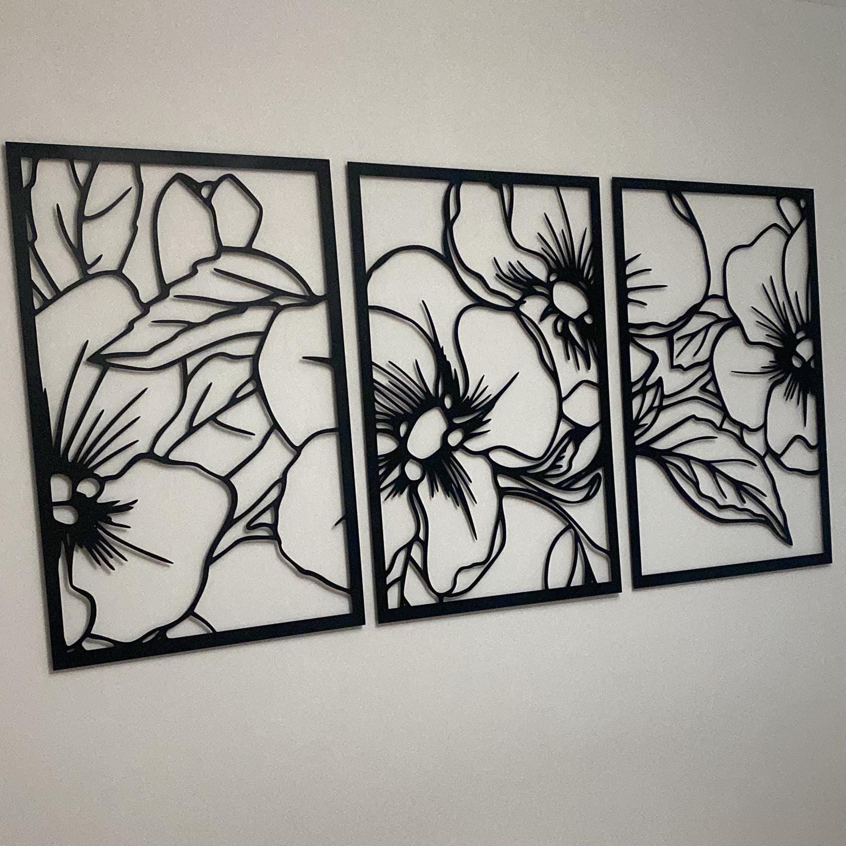 Floral Trio Metal Wall Art - Black Flower Home Decor, 3 pcs - Unique Birthday Gift